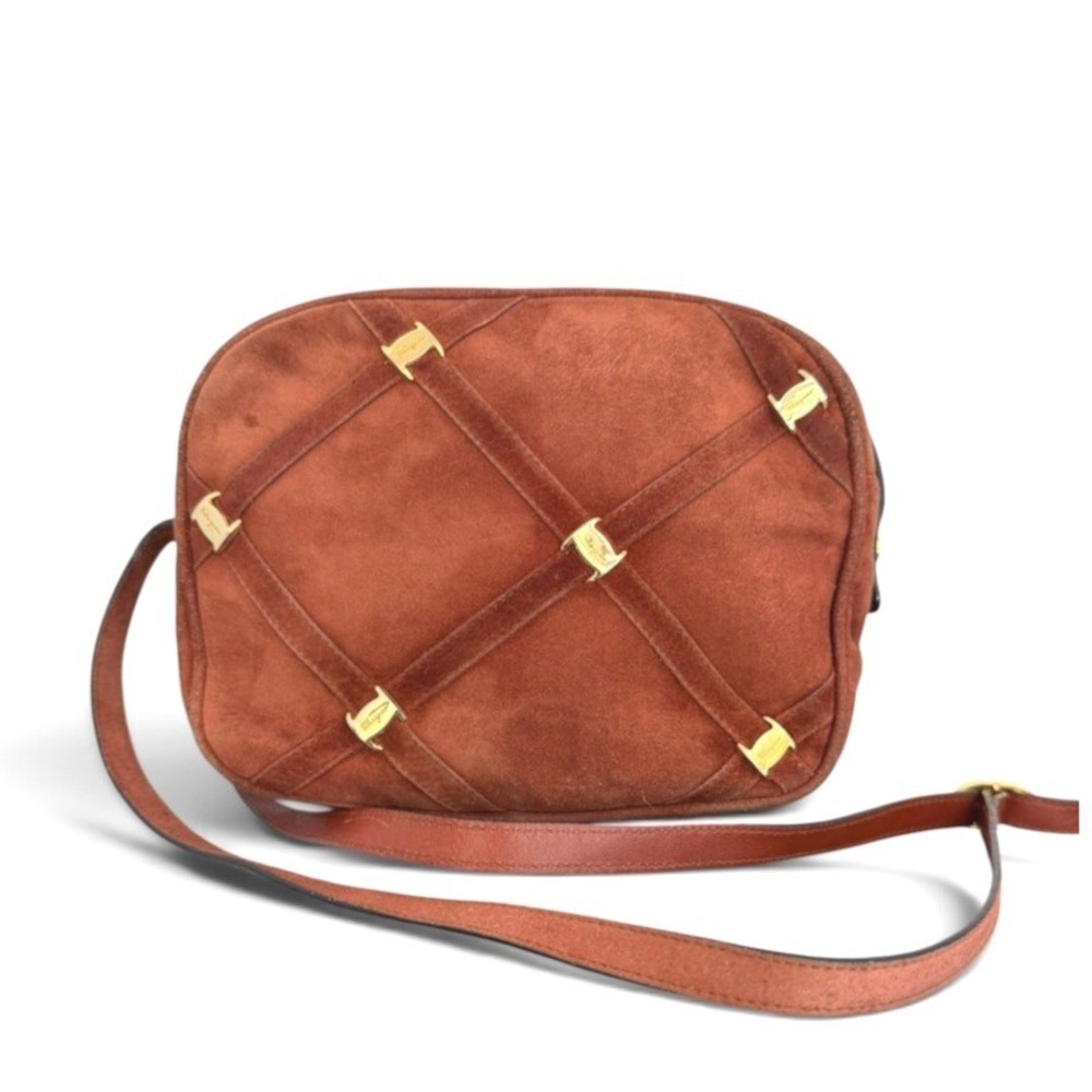 Salvatore Ferragamo Vintage Gancini Suede Camera Crossbody Bag Rust Brown